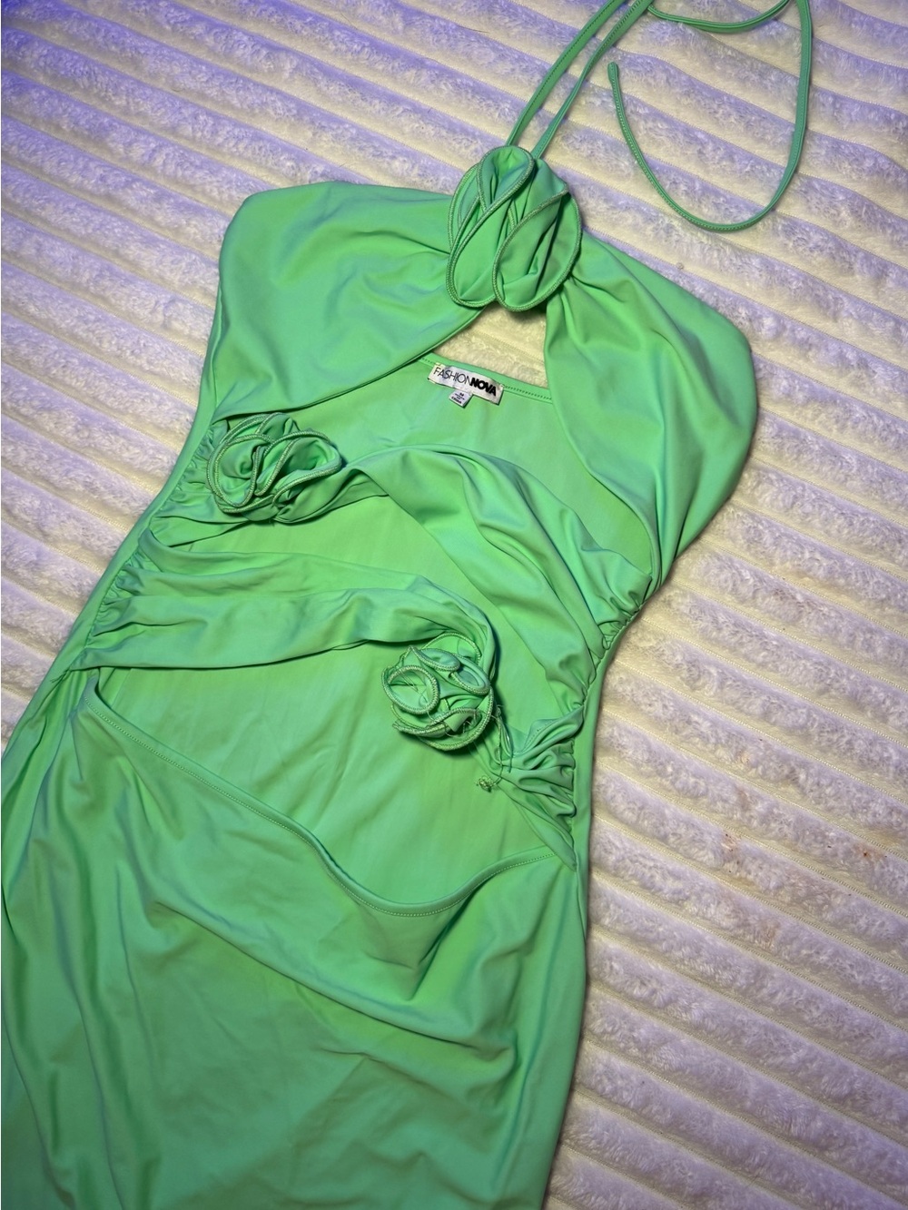 Fashion Nova Green Halter Midi Dress with Rosette Accents